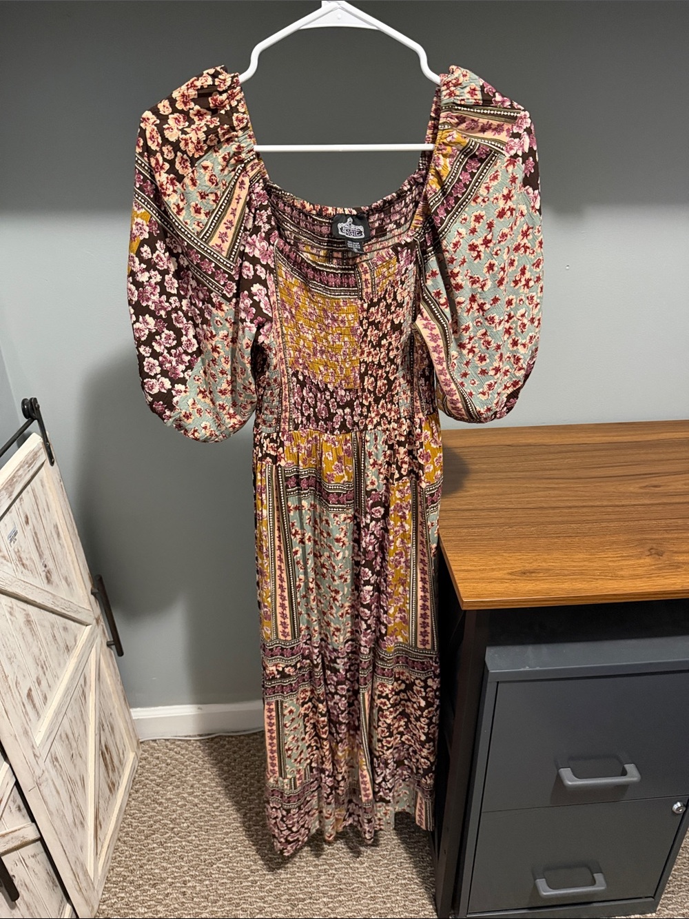 Angie Patchwork Floral Maxi Dress in Brown, Sage & Mustard